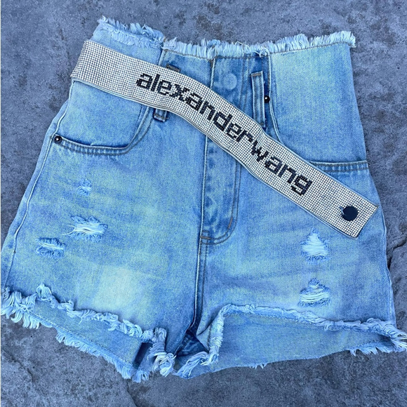 Alexander Wang rhinestone belt Blue Distressed Denim Shorts - Picture 3 of 9